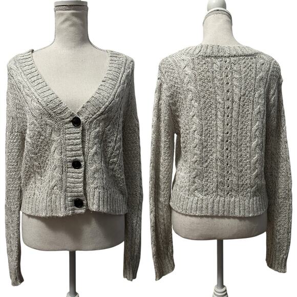 American Eagle Women’s S Button Front Cropped Cardigan Sweater Gray Cable Knit - Picture 2 of 8